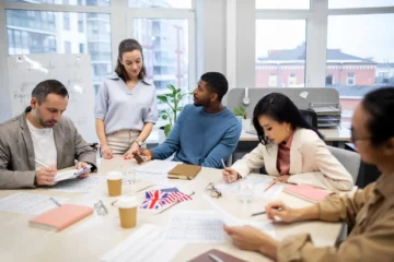 Um grupo multicultural de profissionais está reunido em torno de uma mesa de escritório clara, em uma sala de reuniões bem iluminada com grandes janelas ao fundo. No centro da mesa, estão papéis com exercícios de gramática em inglês, copos de café descartáveis, cadernos e duas pequenas bandeiras (dos Estados Unidos e do Reino Unido), destacando o foco no inglês no mercado de trabalho. À esquerda, uma mulher branca de cabelos castanhos e blusa azul claro está de pé, orientando o grupo. Um homem branco de paletó cinza, à esquerda, e uma mulher asiática de blazer branco, à direita, estão sentados escrevendo concentrados. No centro, um homem negro de blusa azul conversa com a orientadora, enquanto em primeiro plano, outra pessoa é vista de costas participando da atividade. Ao fundo, um quadro branco exibe anotações de verbos irregulares.